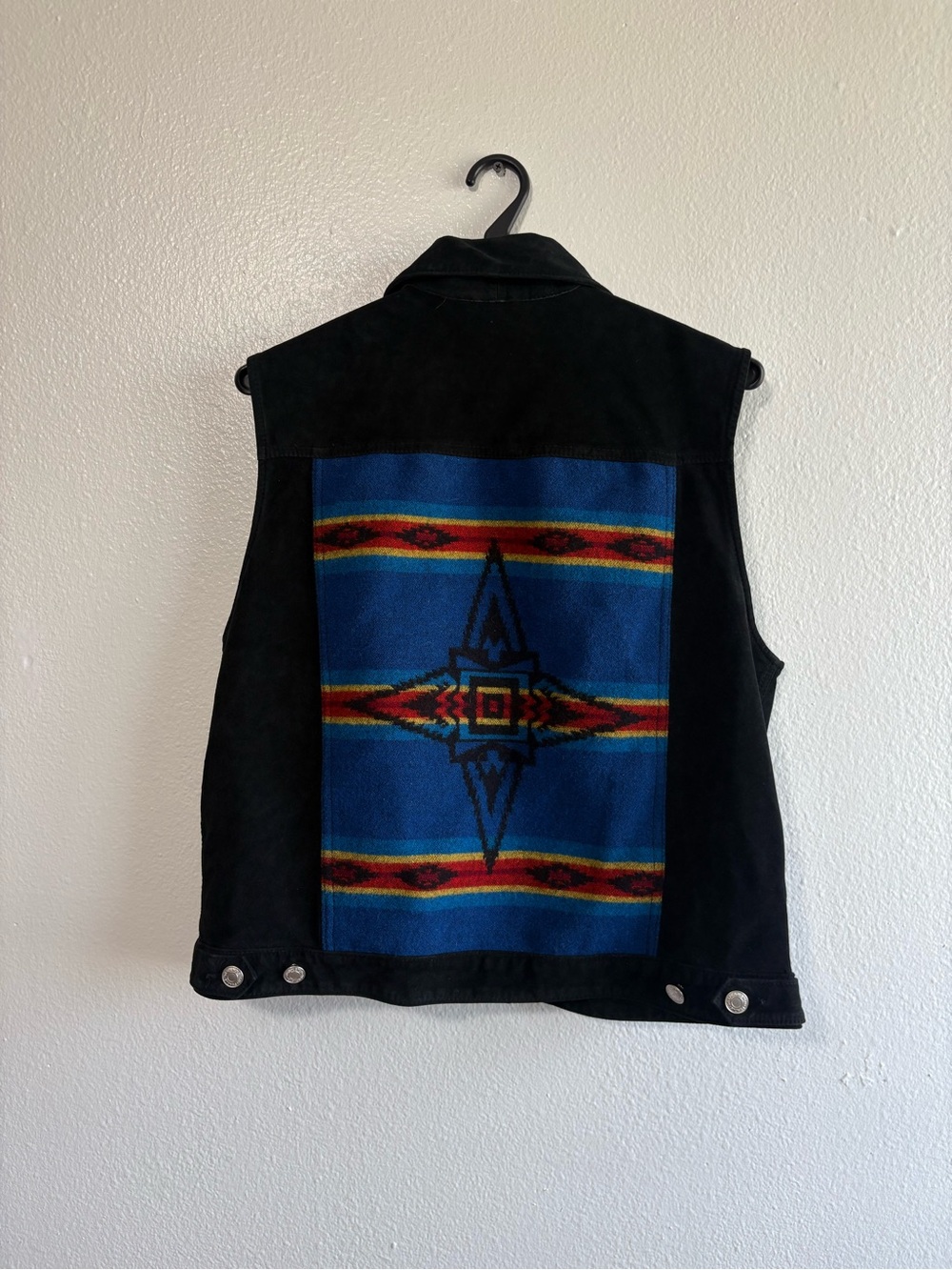 Pendleton Large Black Blue Suede Blanket Aztec Back Patch Button Up Vest Western
